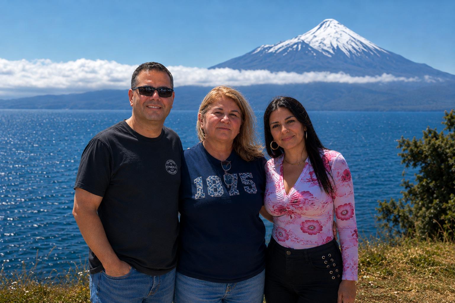 The Simply Life Journey team by a lake, with a snow-capped volcano behind them